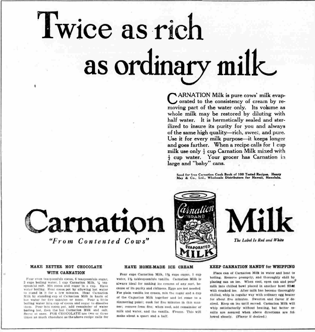 Carnation Instant Breakfast – Liquid Convenience in a Glass (Image Credits: The Maui News. (Wailuku, Maui, H.I.), 04 Nov. 1921. Chronicling America: Historic American Newspapers. Lib. of Congress. <http://chroniclingamerica.loc.gov/lccn/sn82014689/1921-11-04/ed-1/seq-2/>, Public domain, https://commons.wikimedia.org/w/index.php?curid=32136316)