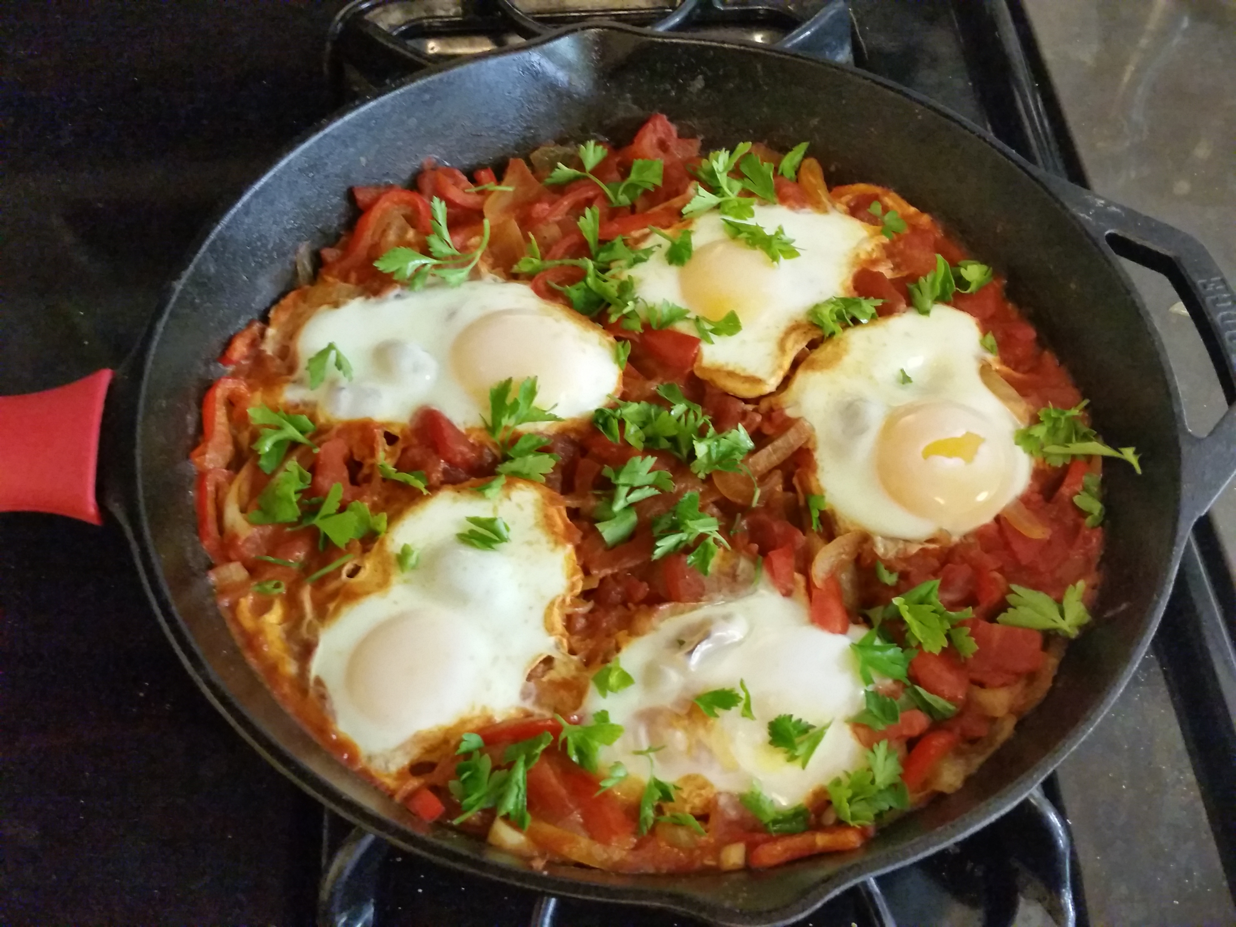 Shakshuka: Eggs Poached in Spiced Tomato Sauce (image credits: wikimedia)
