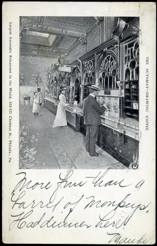 Horn and Hardart: Two Men, One Idea, and a Sunken Ship (Source: eBay store Web page

http://cgi.ebay.com/AUTOMAT-Interior-on-Chestnut-Str-PHILADELPHIA-PA-1904_W0QQitemZ120153847625QQcmdZViewItem?hash=item120153847625, Public domain)