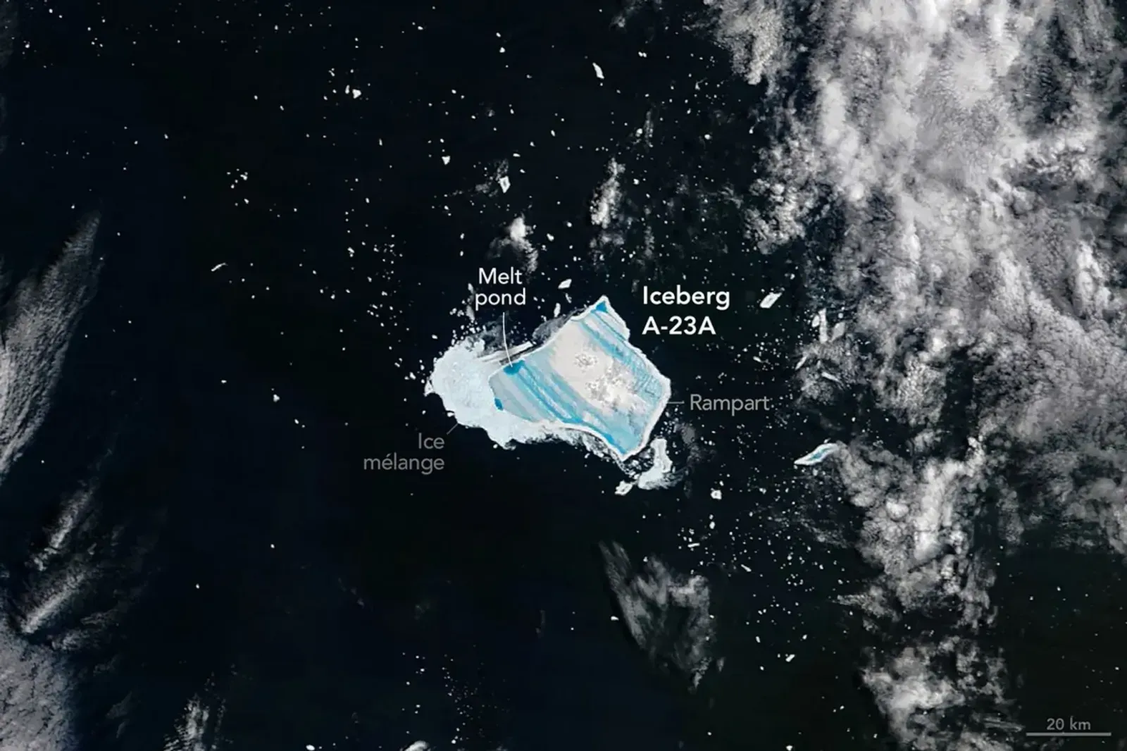 Ancient Striations Tell a Story (Image Credits: satellite image of iceberg A-23A taken on December 26, 2025. Image NASA)
