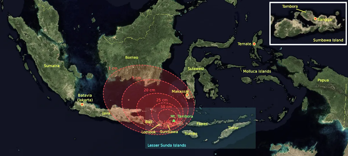 5. Mount Tambora, Indonesia: The Year the Sun Disappeared (The base map was taken from NASA picture Image:Indonesia_BMNG.png and the isopach maps were traced from Oppenheimer (2003).[1], CC BY-SA 3.0)