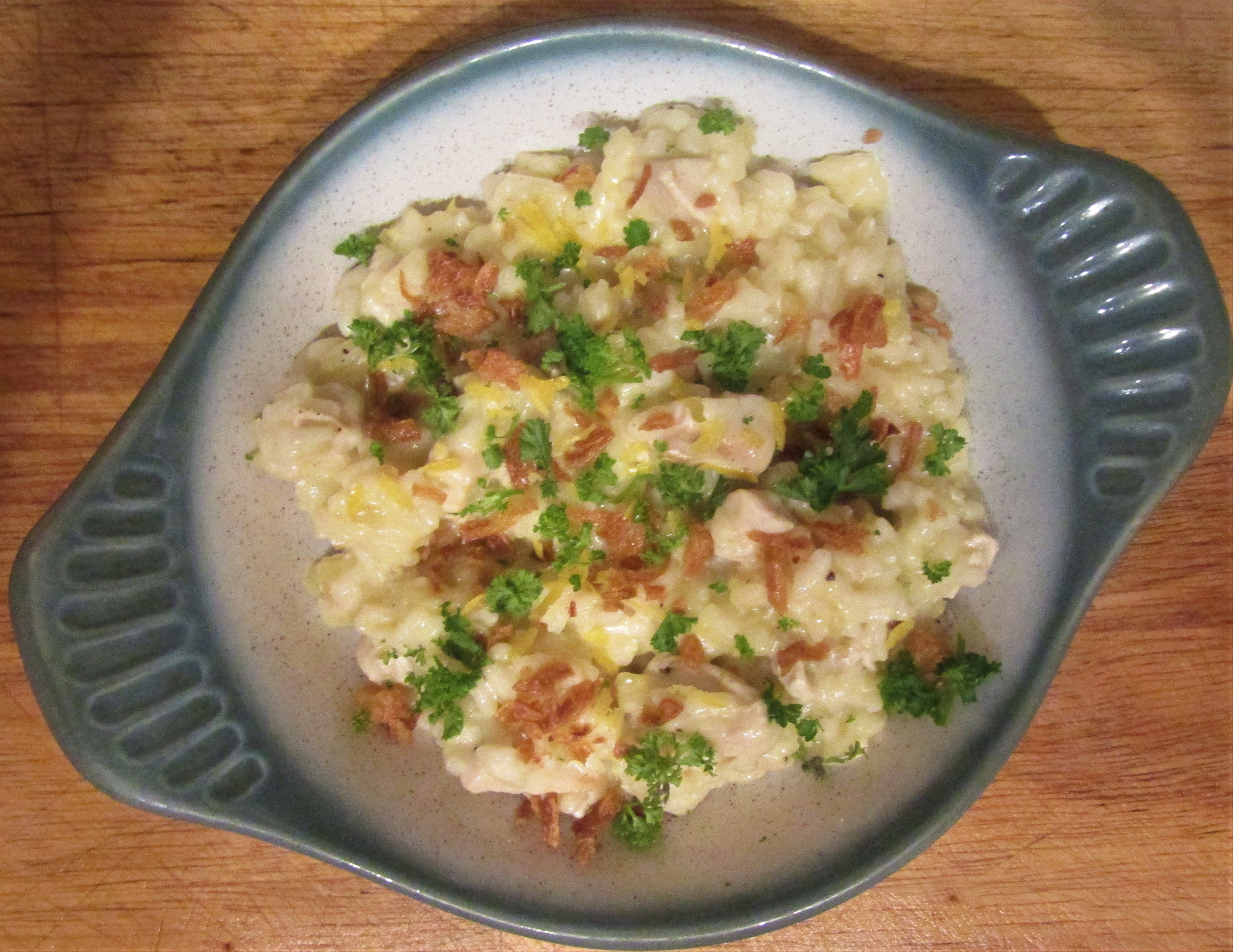 Creamy Mushroom Risotto with Chicken (image credits: By Kolforn (Kolforn)
I'd appreciate if you could mail me (Kolforn@gmail.com) if you want to use this picture out of the Wikimedia project scope.
This file is licensed under the Creative Commons Attribution-Share Alike 4.0 International license.
You are free:
to share โ to copy, distribute and transmit the work
to remix โ to adapt the work
Under the following conditions:
attribution โ You must give appropriate credit, provide a link to the license, and indicate if changes were made. You may do so in any reasonable manner, but not in any way that suggests the licensor endorses you or your use.
share alike โ If you remix, transform, or build upon the material, you must distribute your contributions under the same or compatible license as the original.https://creativecommons.org/licenses/by-sa/4.0CC BY-SA 4.0 Creative Commons Attribution-Share Alike 4.0 truetrue, CC BY-SA 4.0, https://commons.wikimedia.org/w/index.php?curid=85970575)