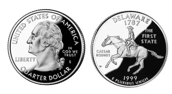 1999 Delaware Spitting Horse Quarter (Image Credits: Made by Hoshie (talk) from these images: Image:1999 DE Proof.png by User:Dtbohrer & Image:2006 Quarter Proof.png by User:Keeleysam, Public domain, https://commons.wikimedia.org/w/index.php?curid=4246852)
