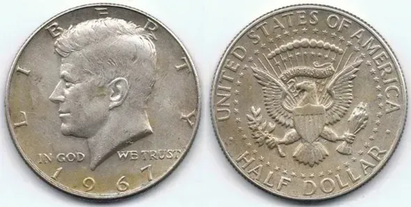 1967 SMS Ultra Cameo Kennedy Half Dollar (Image Credits: By Nicholas Gemini, CC BY-SA 3.0, https://commons.wikimedia.org/w/index.php?curid=32365930)