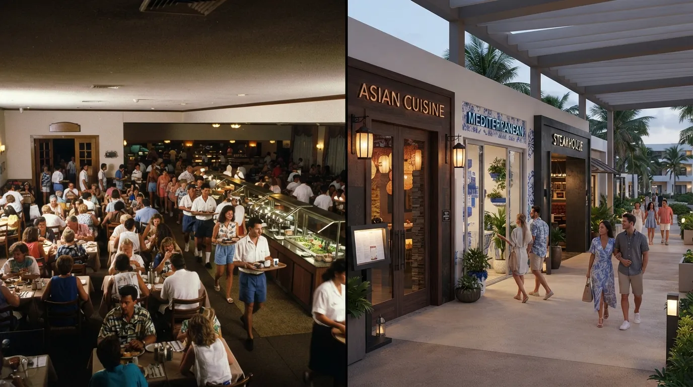 #10 - A 1990 single dining room beside a 2026 row of separate restaurant doors (Image Credits: Gemini)