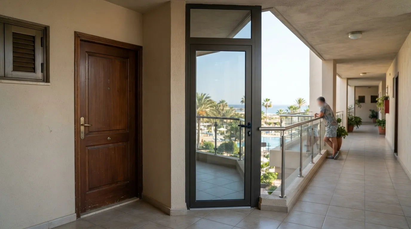 #8 - A 1990 room door with no balcony beside a 2026 balcony railing (Image Credits: Gemini)