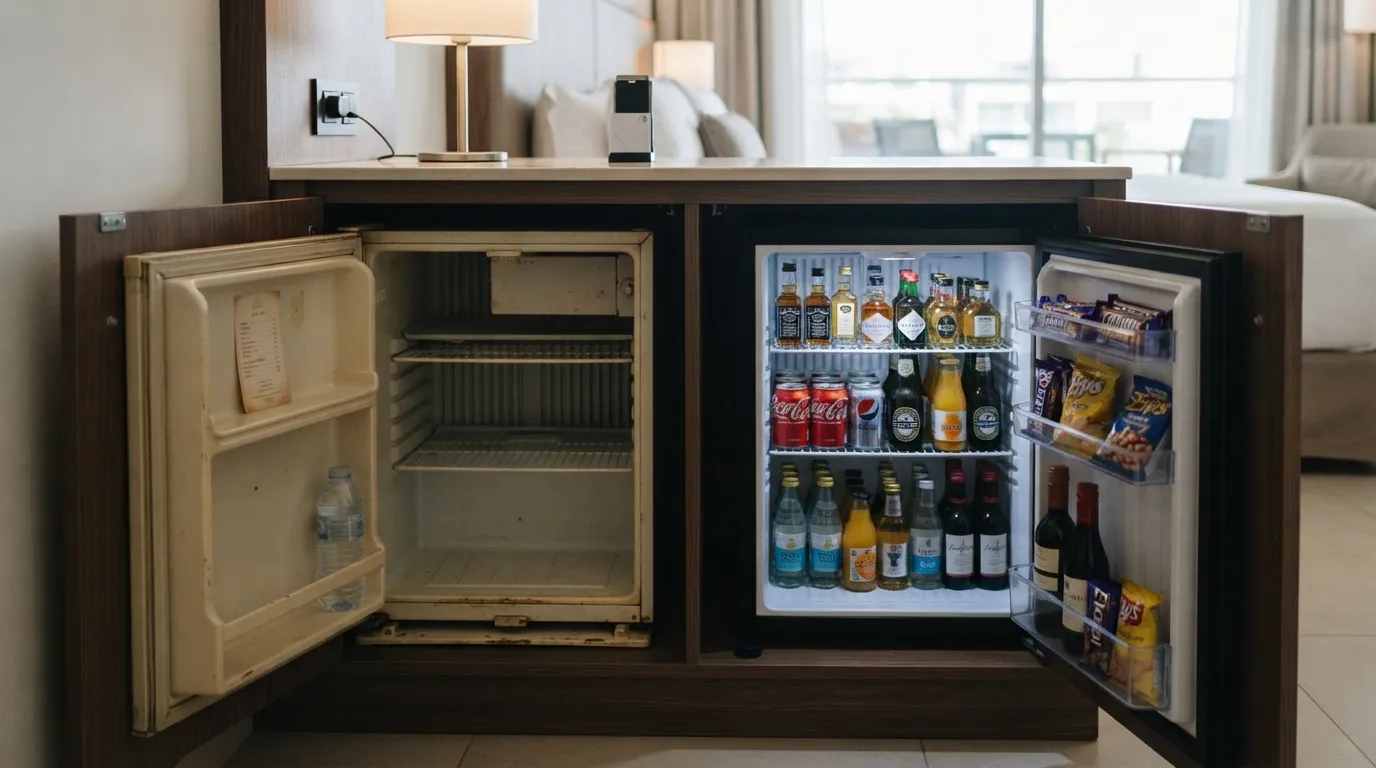 #6 - A 1990 empty mini bar beside a 2026 stocked mini bar (Image Credits: Gemini)