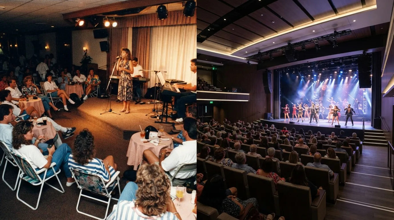 #4 - A 1990 small lounge stage beside a 2026 theater with rows of seats (Image Credits: Gemini)