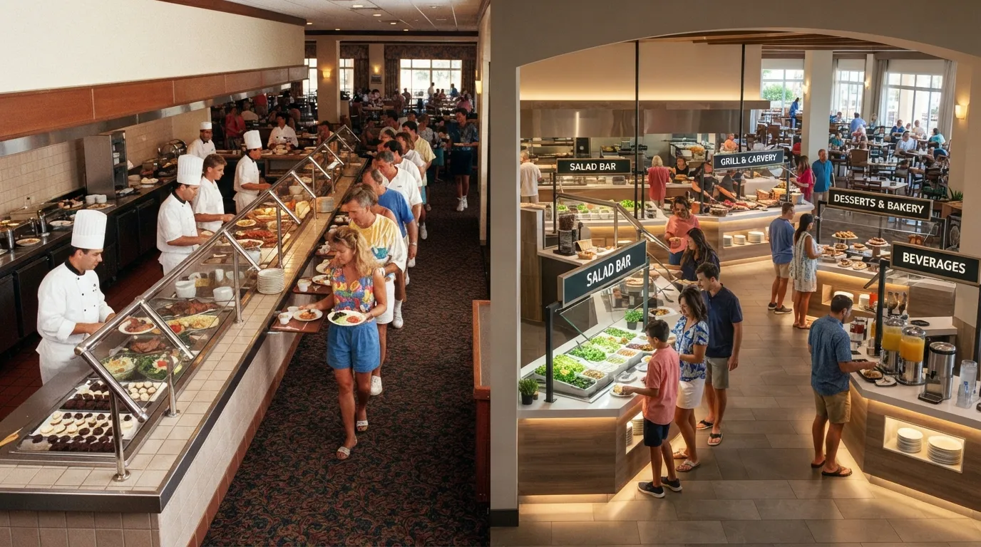 #3 - A 1990 one-counter buffet beside a 2026 buffet split into separate stations (Image Credits: Gemini)