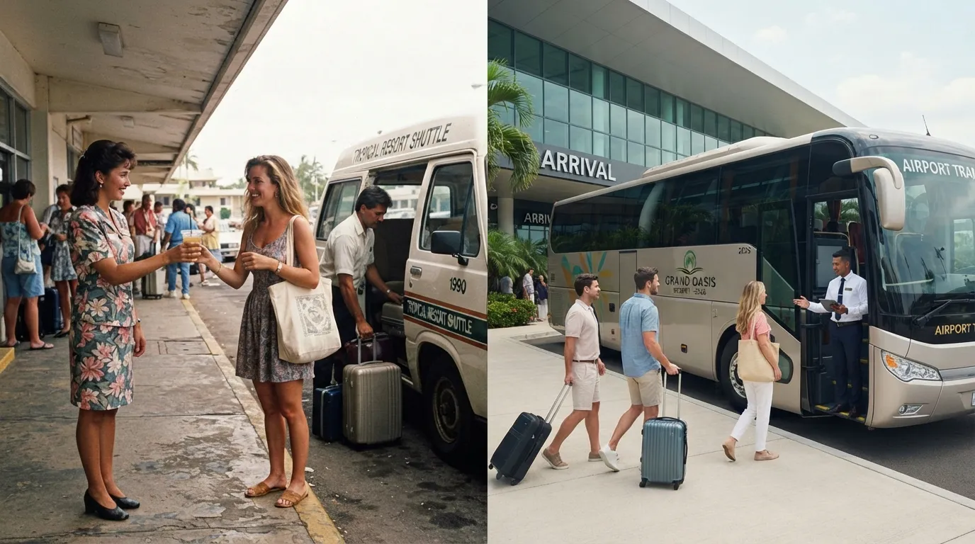 #1 - A 1990 welcome drink at the airport curb beside a 2026 resort bus at the terminal (Image Credits: Gemini)