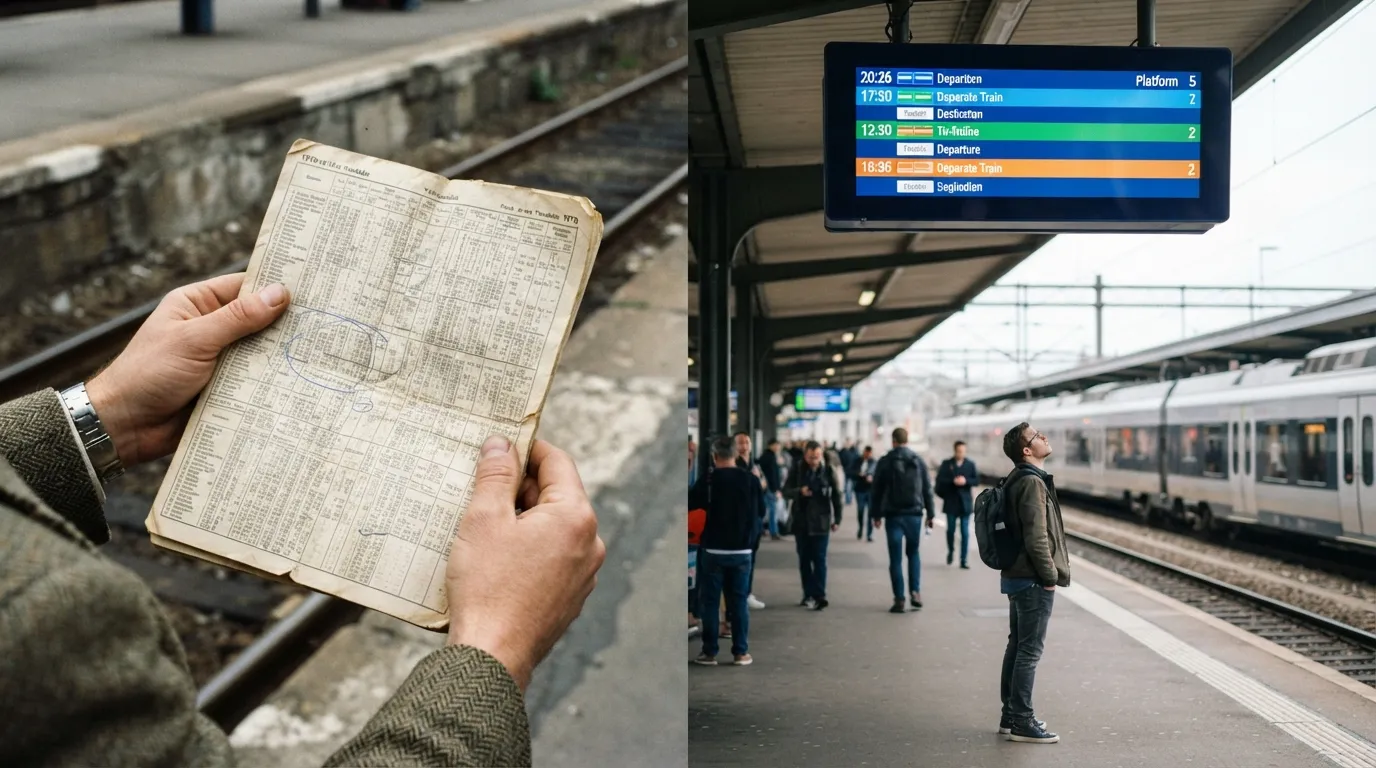 #12 - A 1975 folded paper timetable beside a 2026 screen above the platform (Image Credits: Gemini)