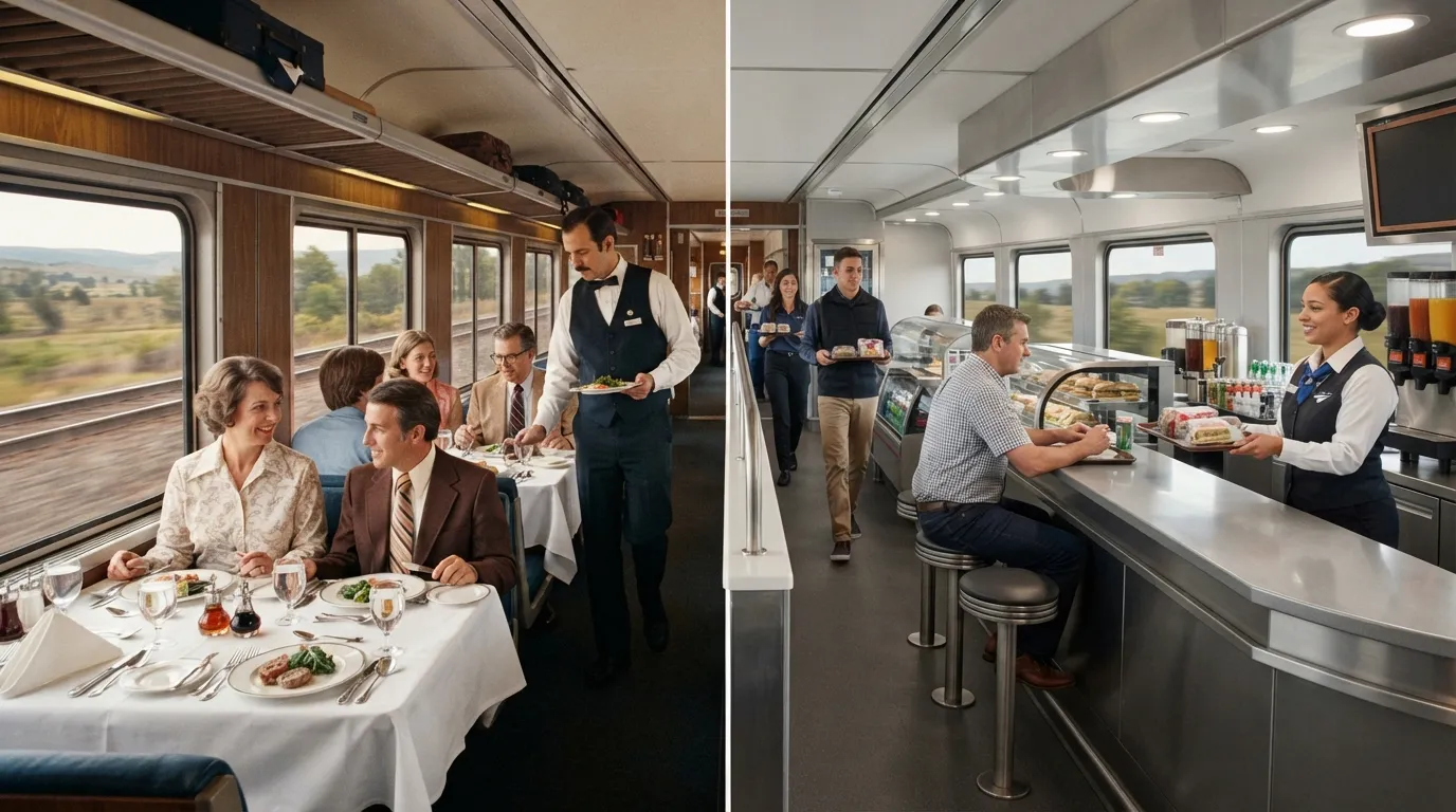 #11 - A 1975 dining car with a white tablecloth beside a 2026 cafe-car counter (Image Credits: Gemini)