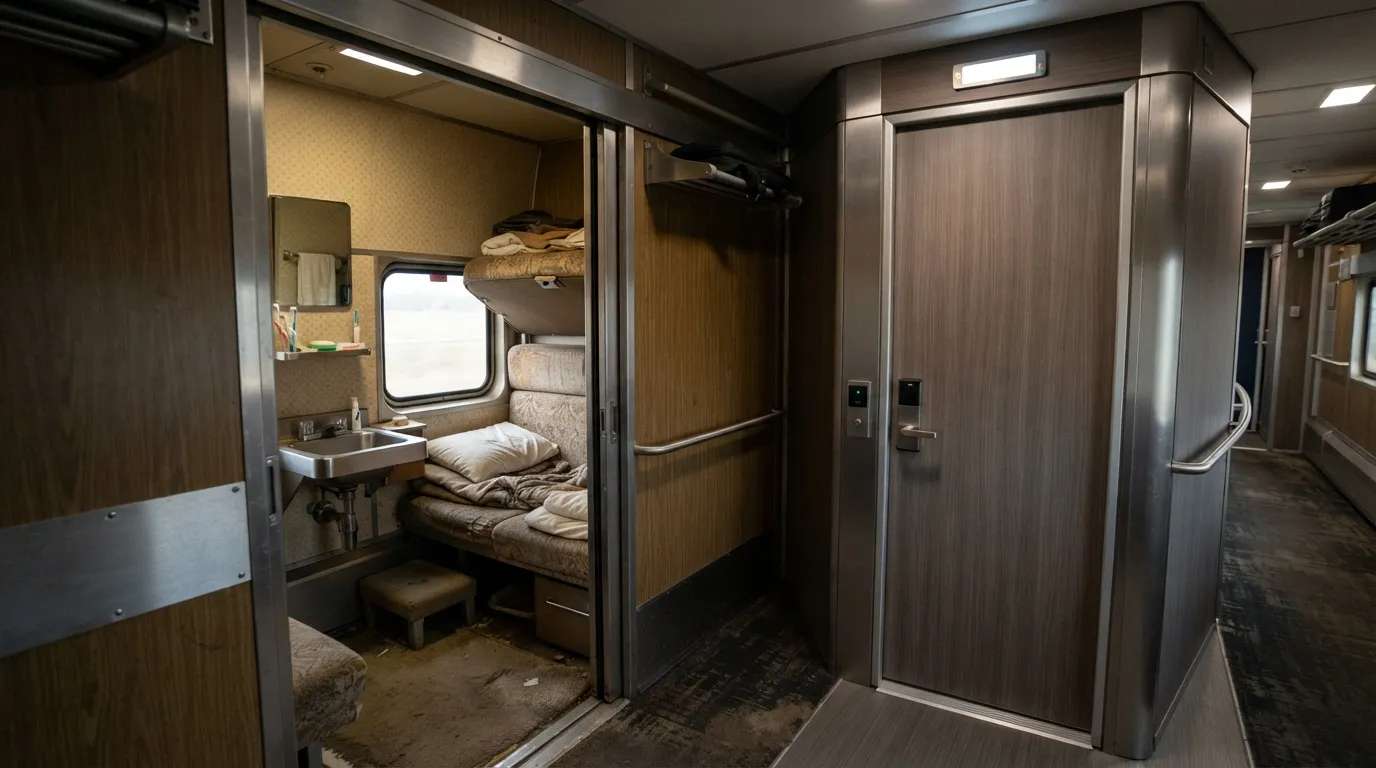 #9 - A 1975 roomette with a sink beside a 2026 bedroom behind a closed door (Image Credits: Gemini)
