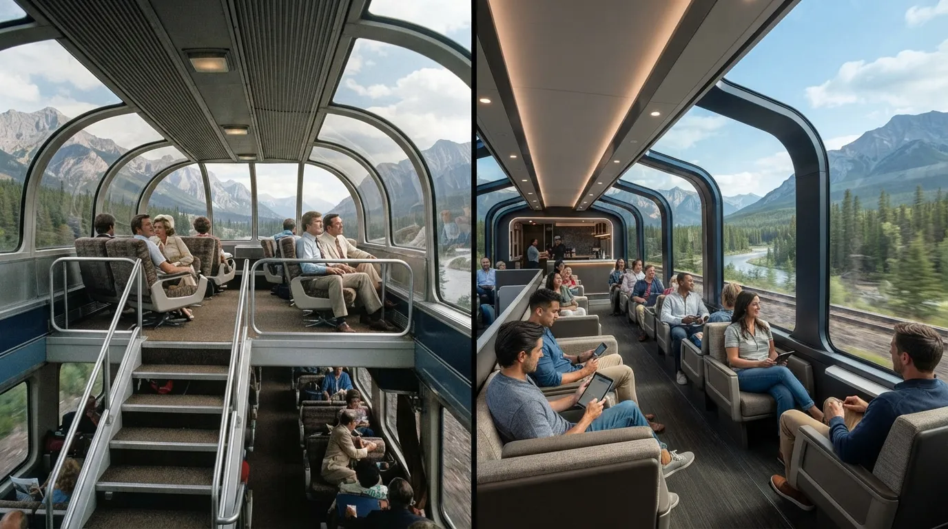 #7 - A 1975 vista-dome car beside a 2026 lounge car with tall windows (Image Credits: Gemini)