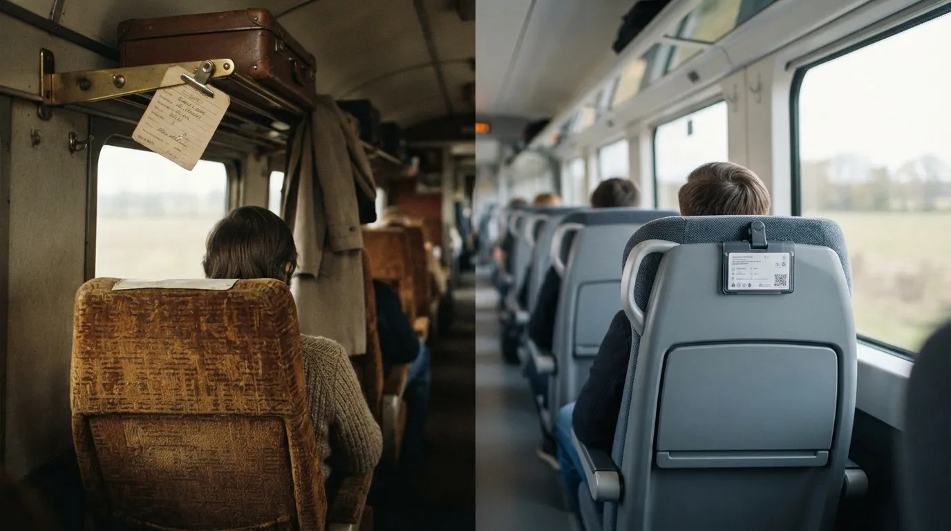 #5 - A 1975 cardboard hat check above the seat beside a 2026 card clipped to the seat back (Image Credits: Gemini)