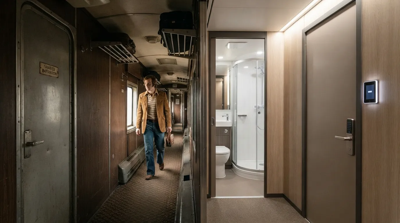 #2 - A 1975 shared bathroom down the hall beside a 2026 bathroom inside the bedroom (Image Credits: Gemini)