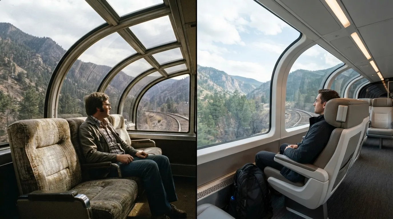 #1 - A 1975 seat under a curved glass dome beside a 2026 upper-level lounge seat (Image Credits: Gemini)