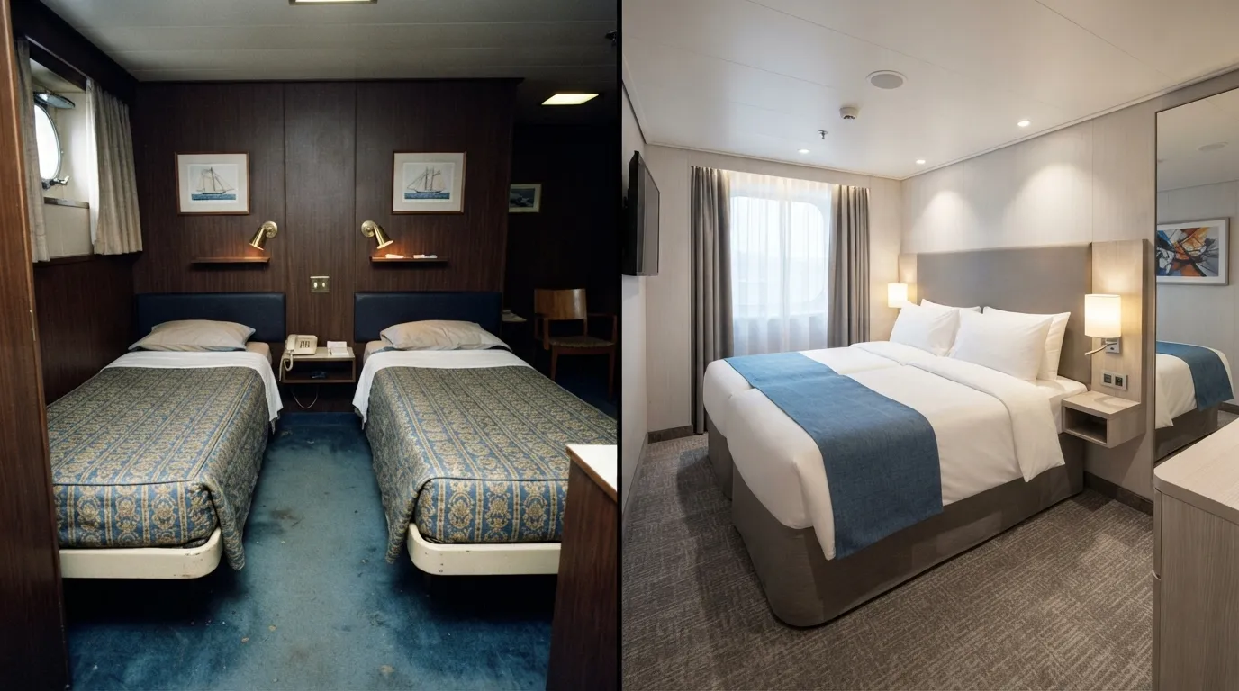 #10 - A 1975 pair of fixed twin beds beside a 2026 bed pushed into one queen (Image Credits: Gemini)