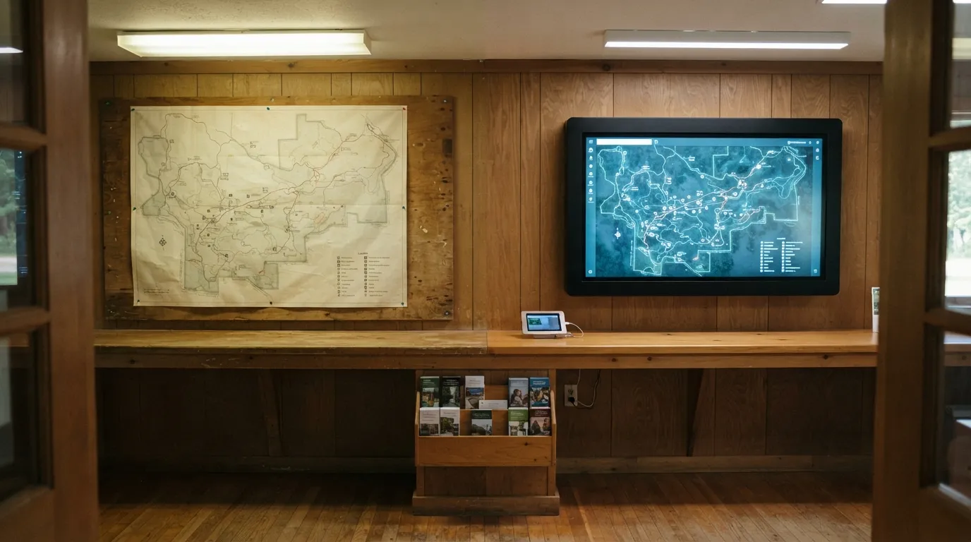 #13 - A 1980 paper park map beside a 2026 screen inside the visitor center (Image Credits: Gemini)