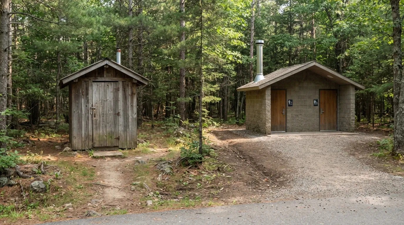 #11 - A 1970 pit toilet beside a 2026 flush restroom building (Image Credits: Gemini)