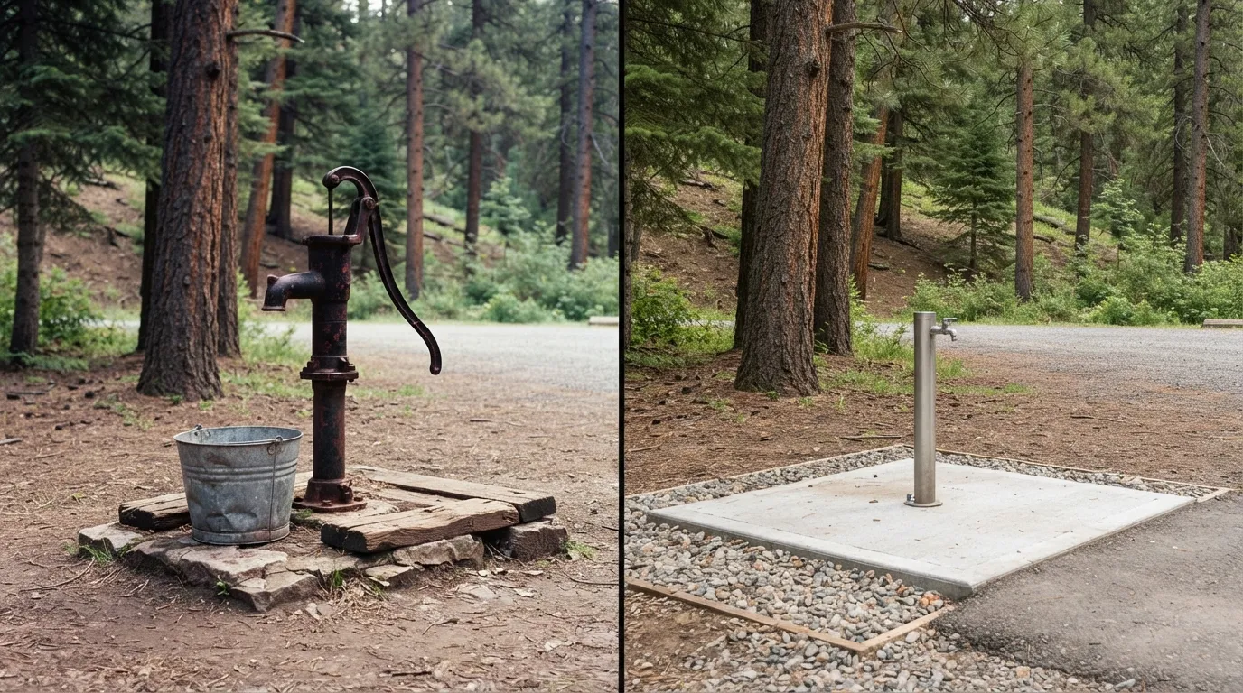 #10 - A 1970 hand pump beside a 2026 water spigot (Image Credits: Gemini)