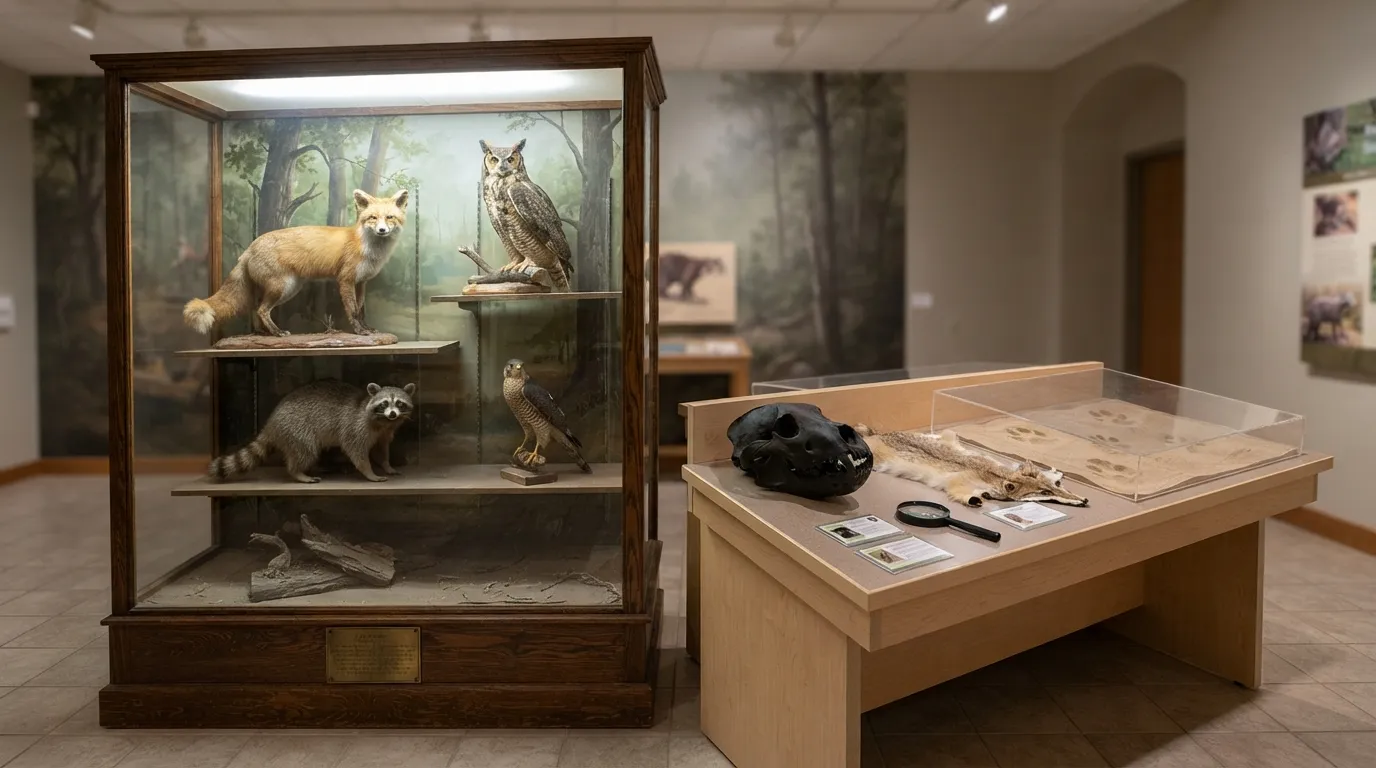 #12 - A 1980 glass case of mounted animals beside a 2026 hands-on exhibit table (Image Credits: Gemini)