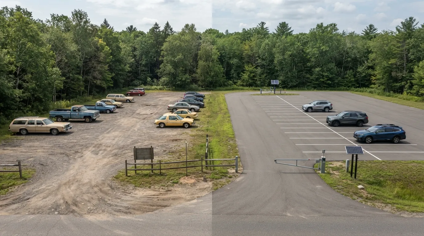 #11 - A 1980 gravel parking lot beside a 2026 paved lot with marked spaces (Image Credits: Gemini)