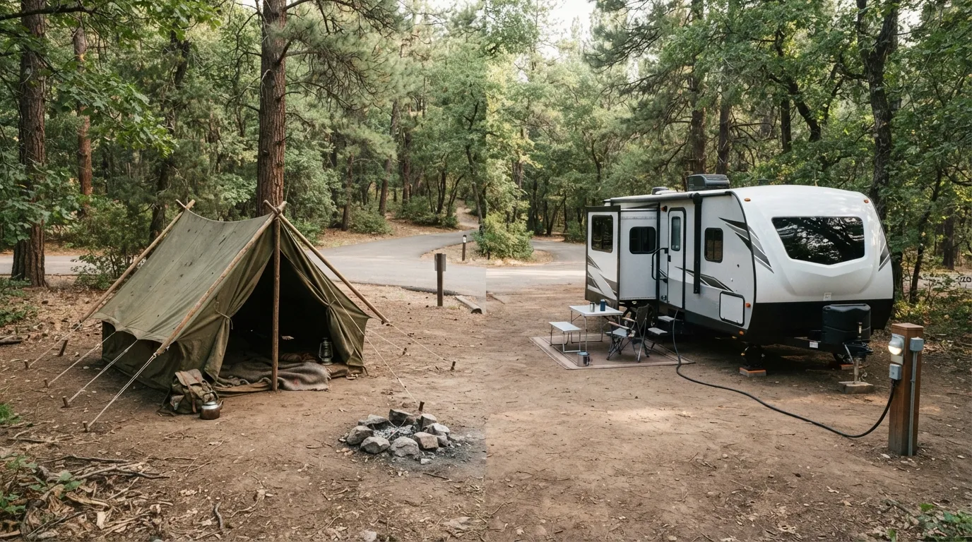#9 - A 1970 canvas tent on a dirt pad beside a 2026 RV parked at an electric hookup (Image Credits: Gemini)