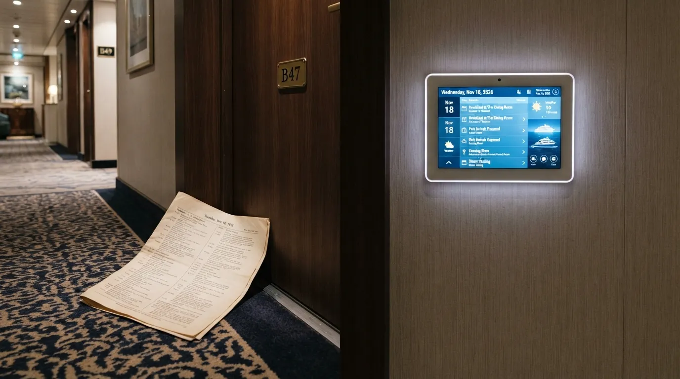 #9 - A 1975 paper daily program under the door beside a 2026 cabin screen on the wall (Image Credits: Gemini)