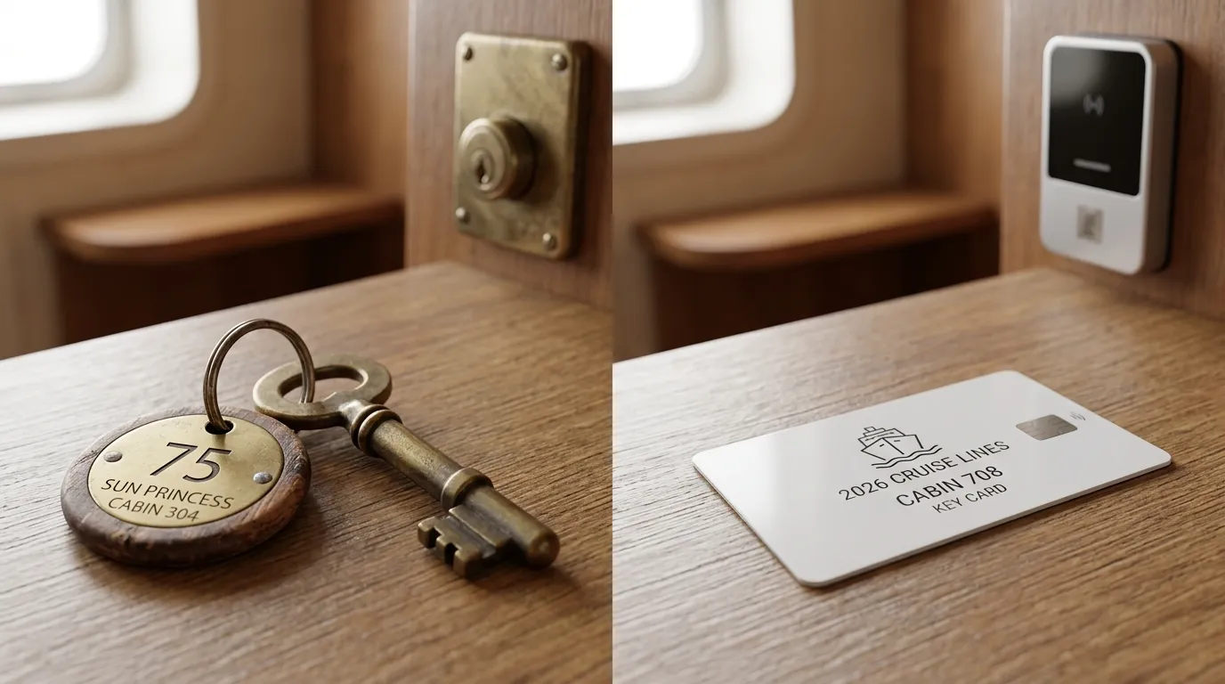 #11 - A 1975 metal cabin key on a tag beside a 2026 flat key card (Image Credits: Gemini)