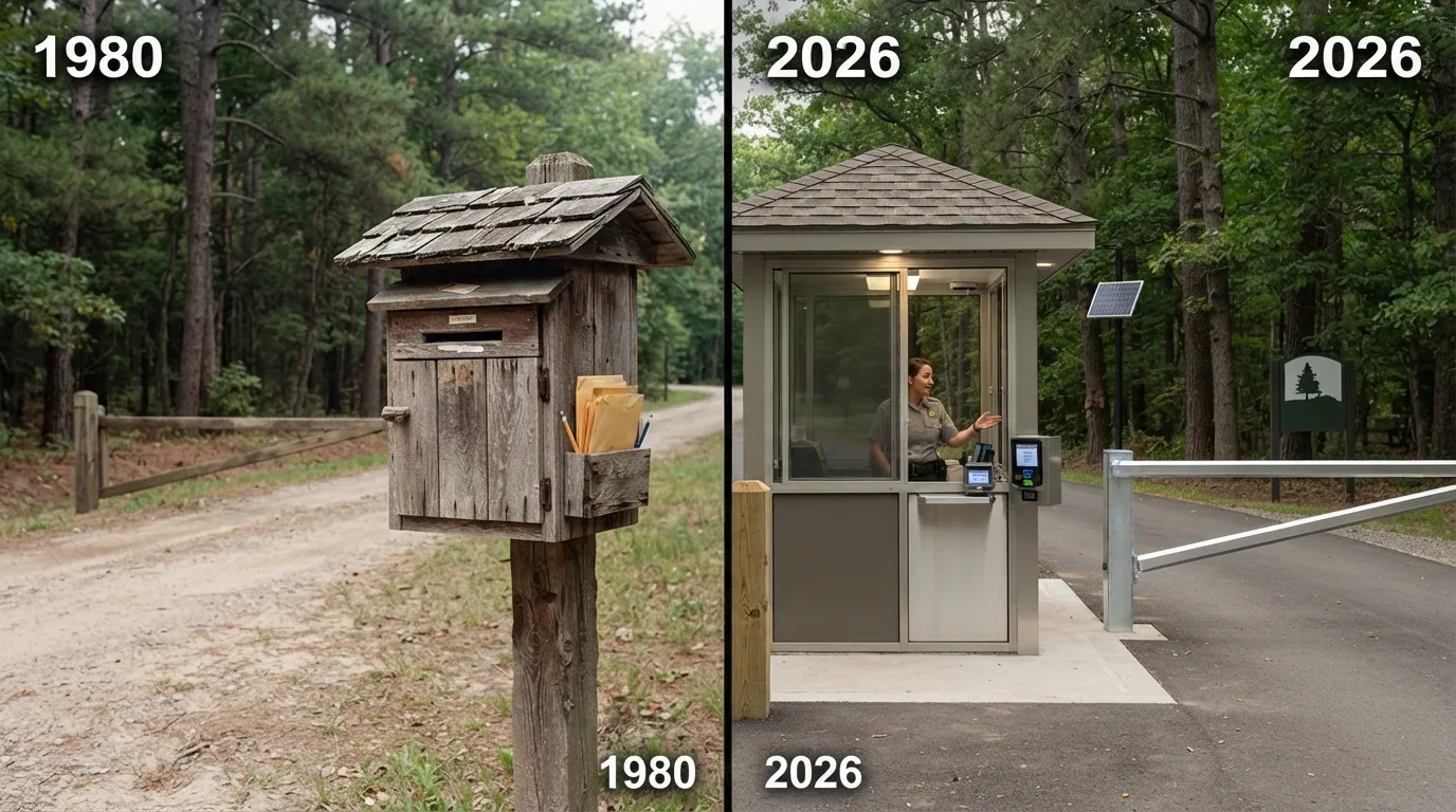 #10 - A 1980 honor-system envelope box beside a 2026 entrance booth (Image Credits: Gemini)