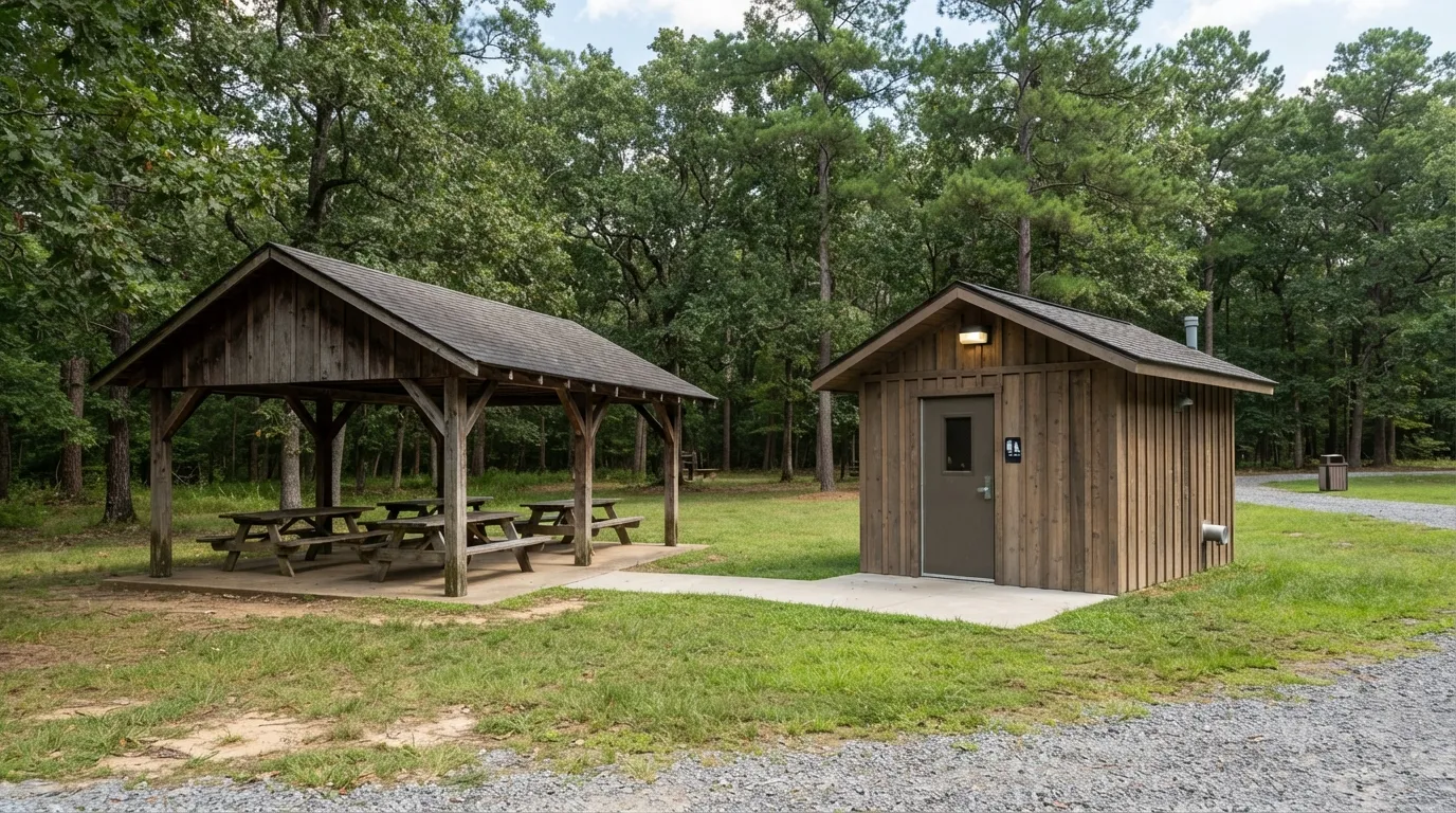 #9 - A 1980 wooden picnic shelter beside a 2026 restroom building next to that shelter (Image Credits: Gemini)