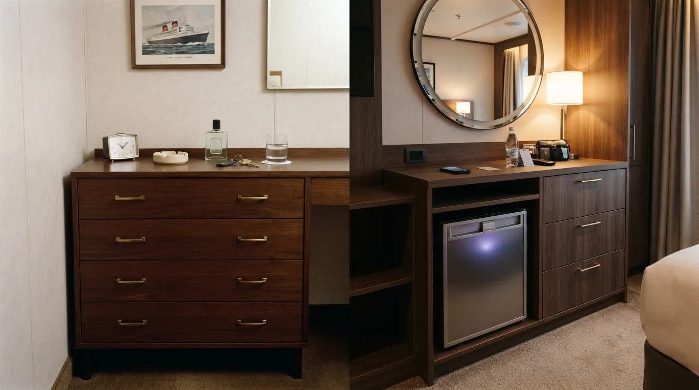 #8 - A 1975 dresser with no fridge beside a 2026 cabin mini fridge (Image Credits: Gemini)