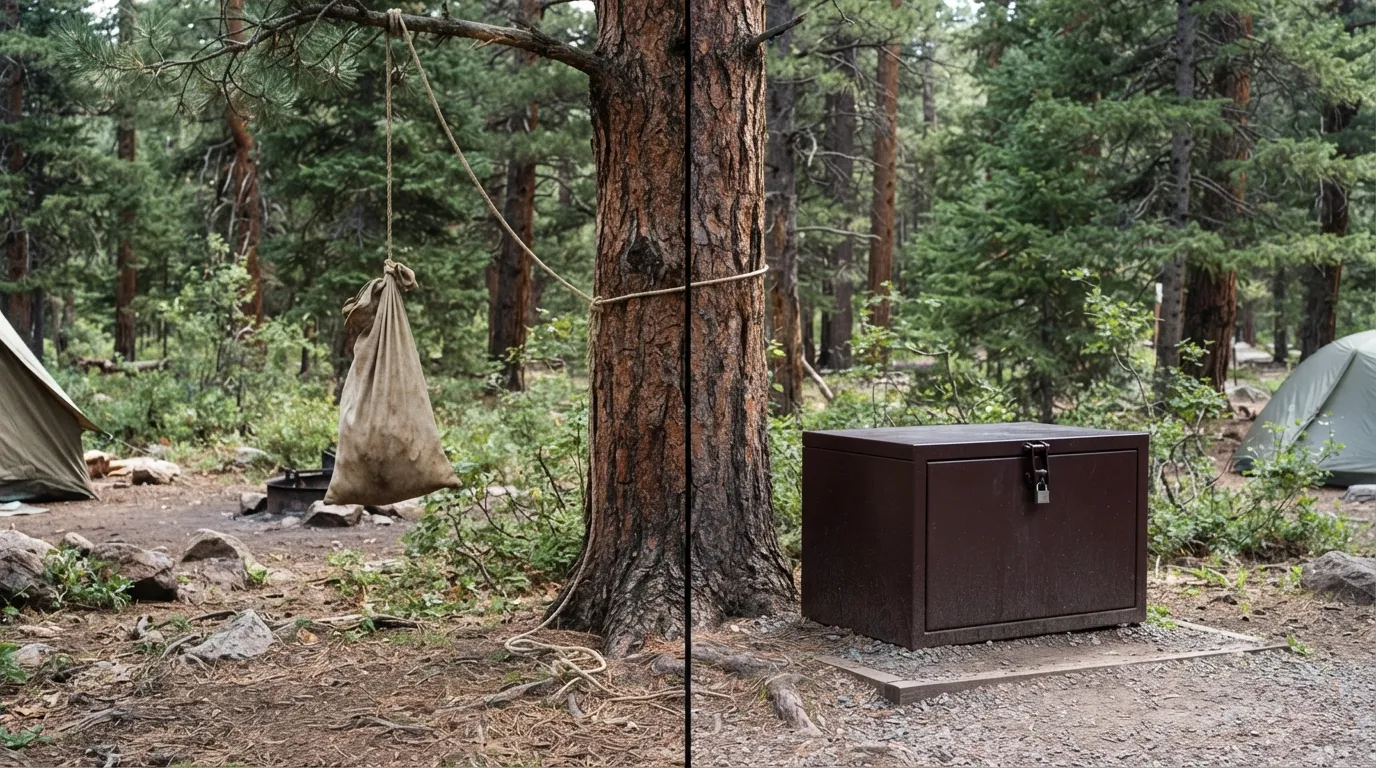 #7 - A 1970 food bag hung from a tree beside a 2026 steel bear locker (Image Credits: Gemini)