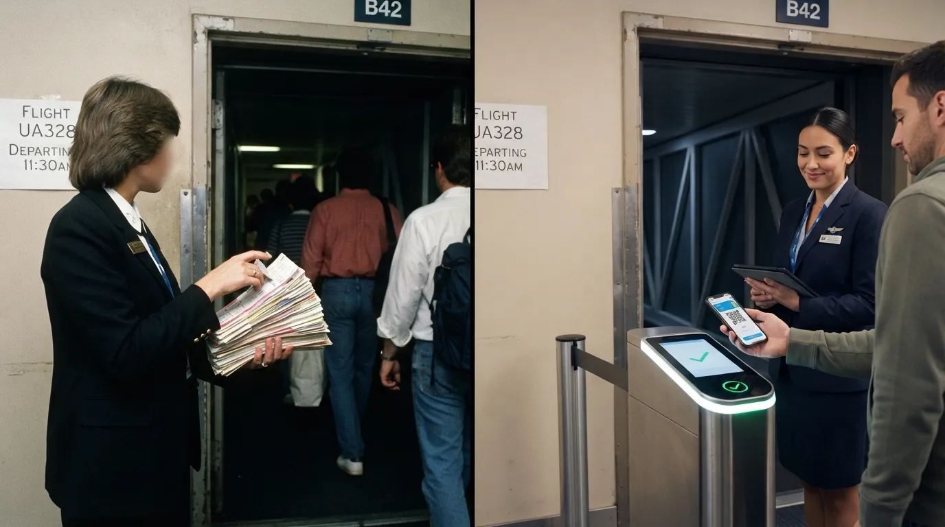 #11 - A 1985 agent holding a stack of cards beside a 2026 scanner at the jetway door (Image Credits: Gemini)
