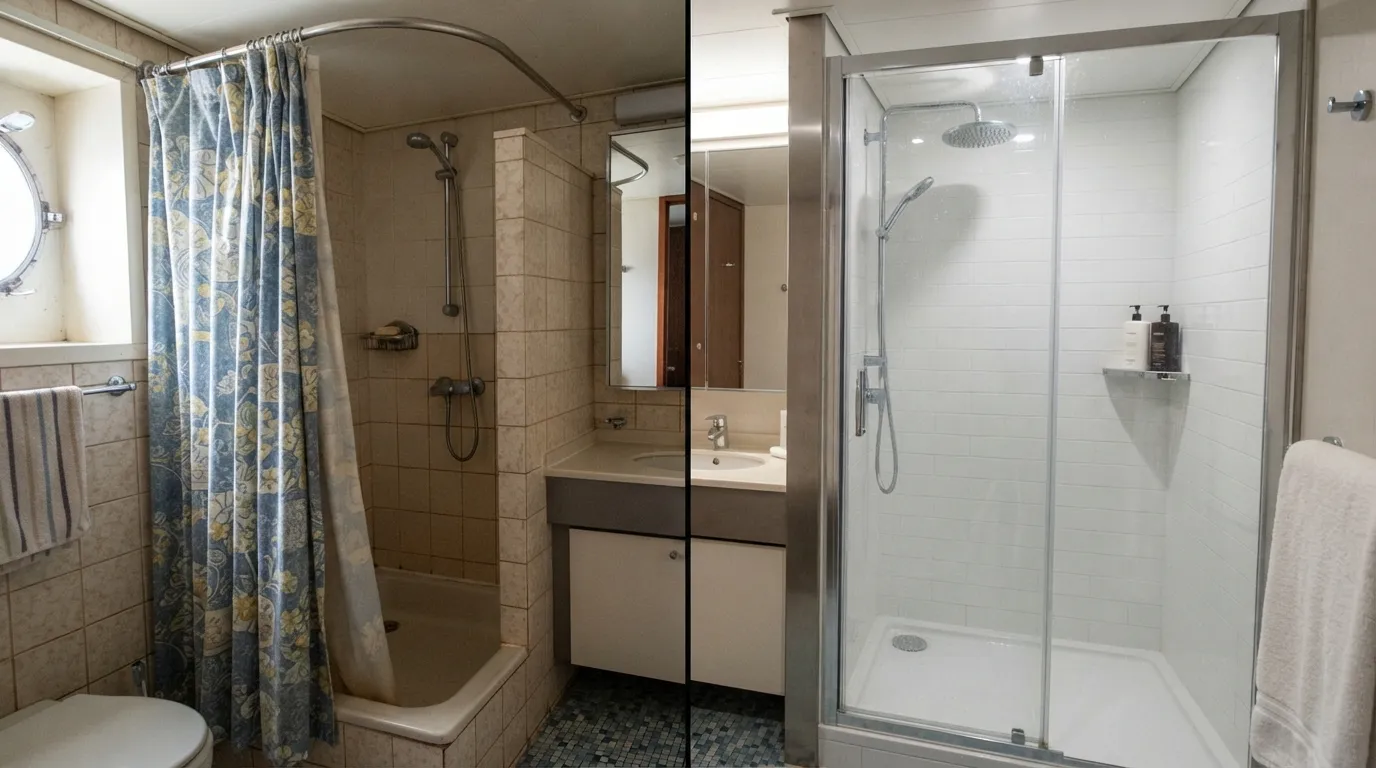 #7 - A 1975 shower curtain in the bathroom beside a 2026 glass shower door (Image Credits: Gemini)
