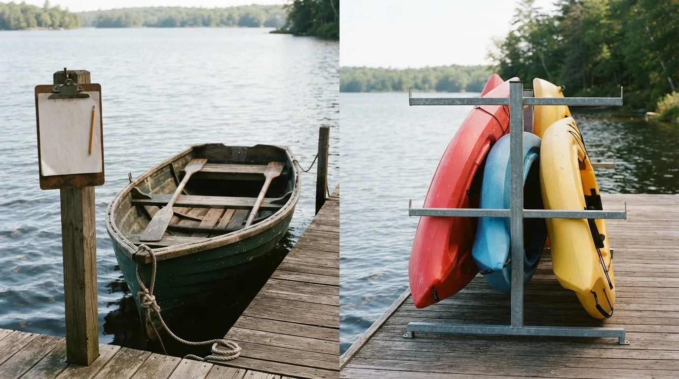 #8 - A 1980 rowboat with a rental clipboard beside a 2026 kayak rack (Image Credits: Gemini)