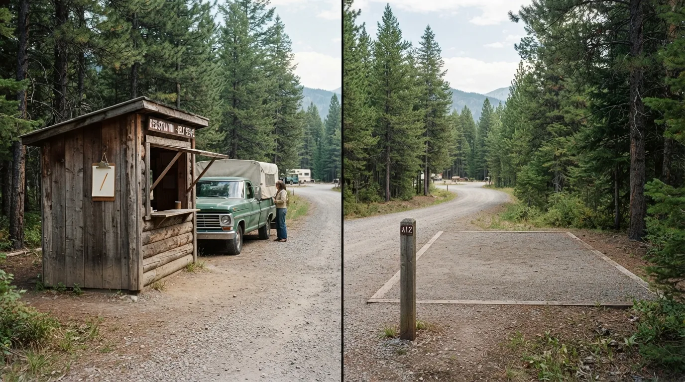 #6 - A 1970 ranger booth with a clipboard beside a 2026 empty pad marked by a numbered post (Image Credits: Gemini)