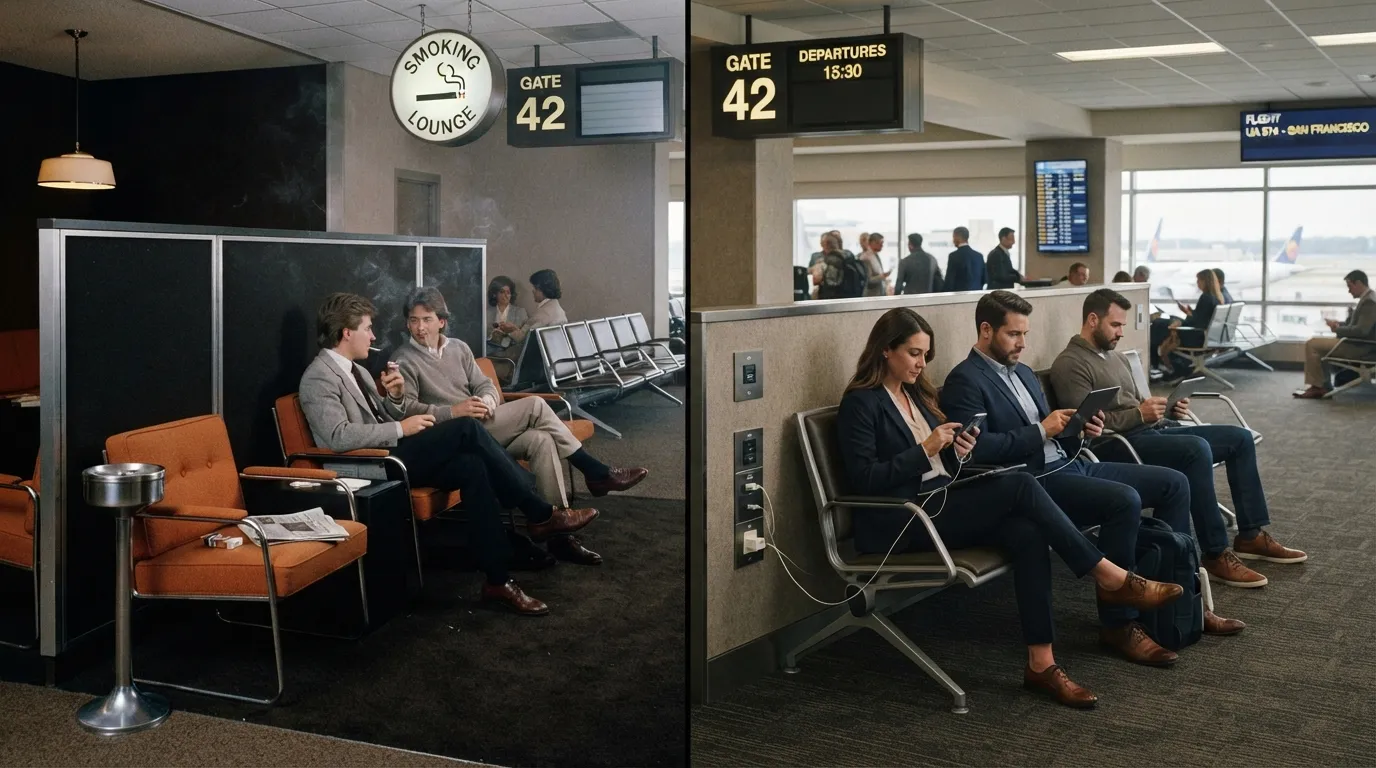 #10 - A 1985 smoking lounge by the gate beside a 2026 row of charging outlets (Image Credits: Gemini)