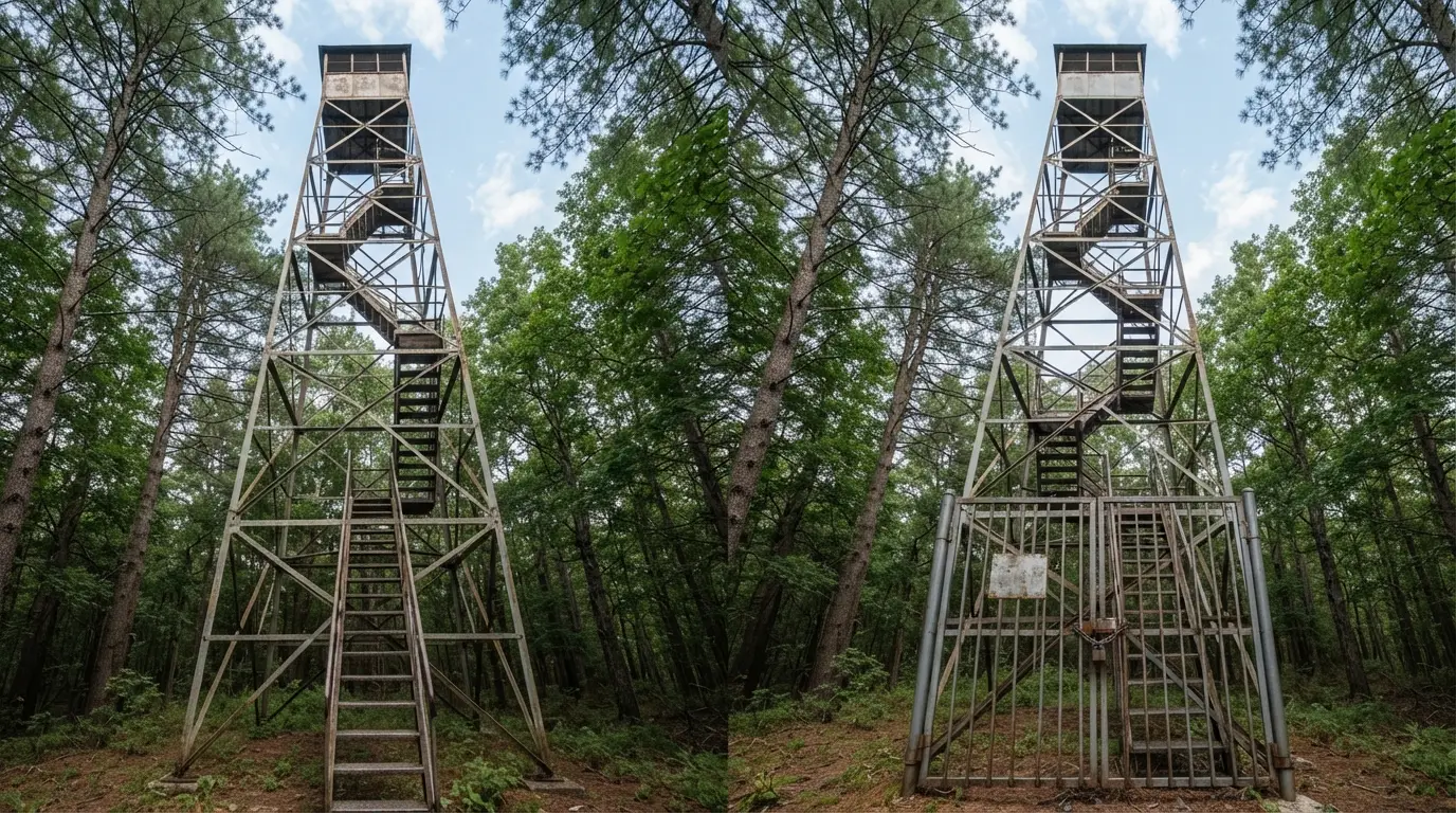 #7 - A 1980 open fire-tower stair beside a 2026 fire tower with the stair gated shut (Image Credits: Gemini)
