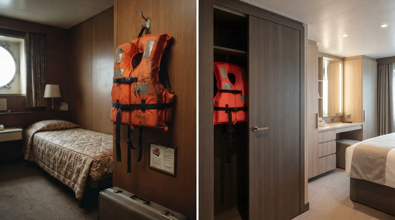 #5 - A 1975 life jacket on an open hook beside a 2026 life jacket inside a closet (Image Credits: Gemini)