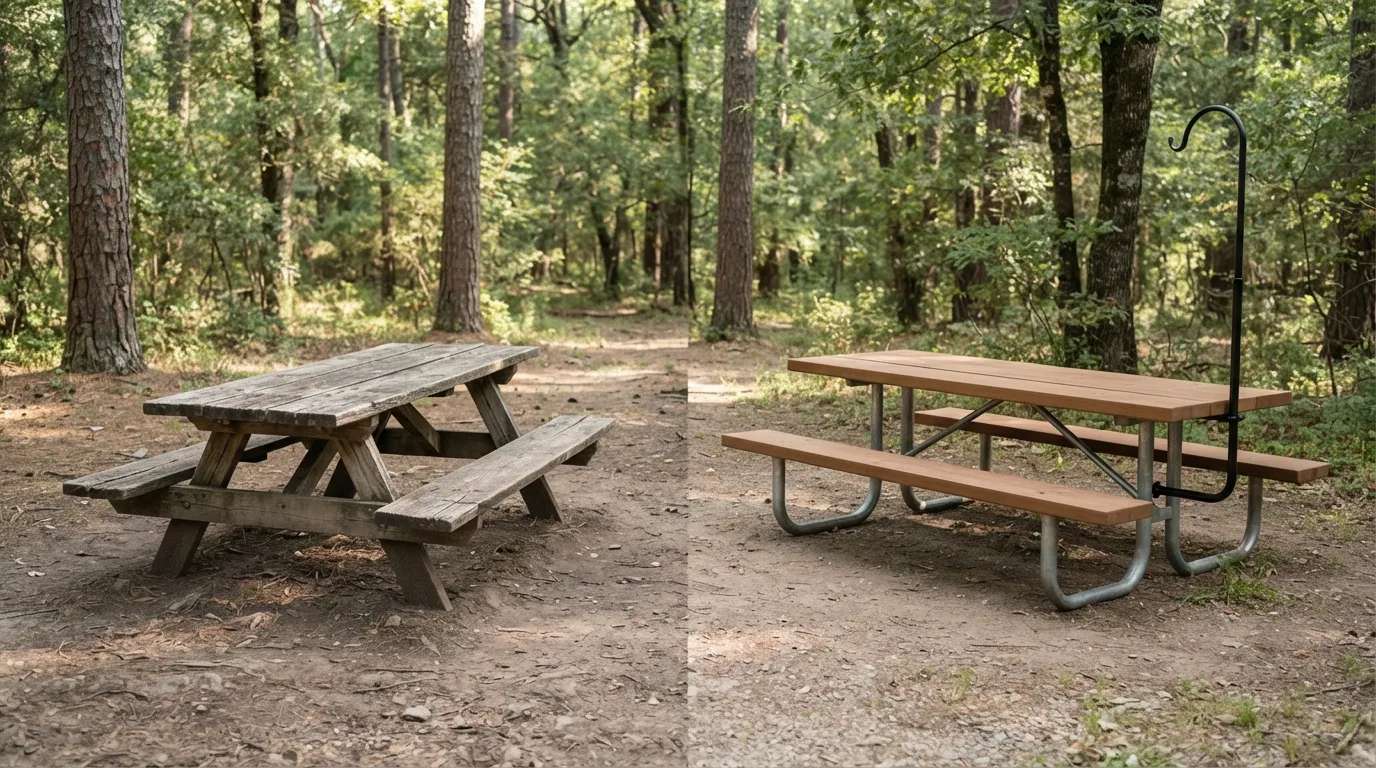 #5 - A 1970 plain wood picnic table beside a 2026 picnic table with a metal lantern hook (Image Credits: Gemini)