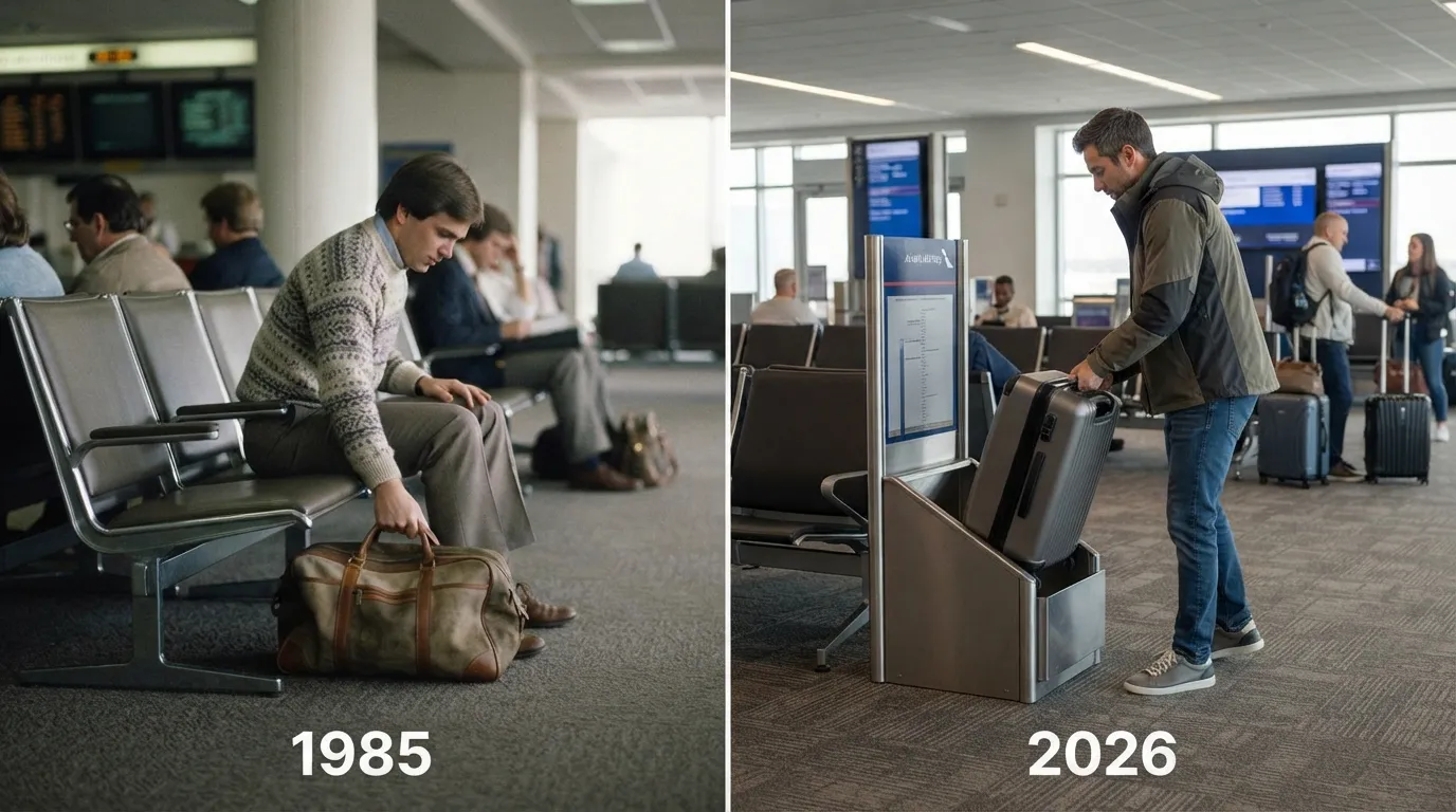 #8 - A 1985 carry-on slid under a seat beside a 2026 bag sizer standing at the gate (Image Credits: Gemini)