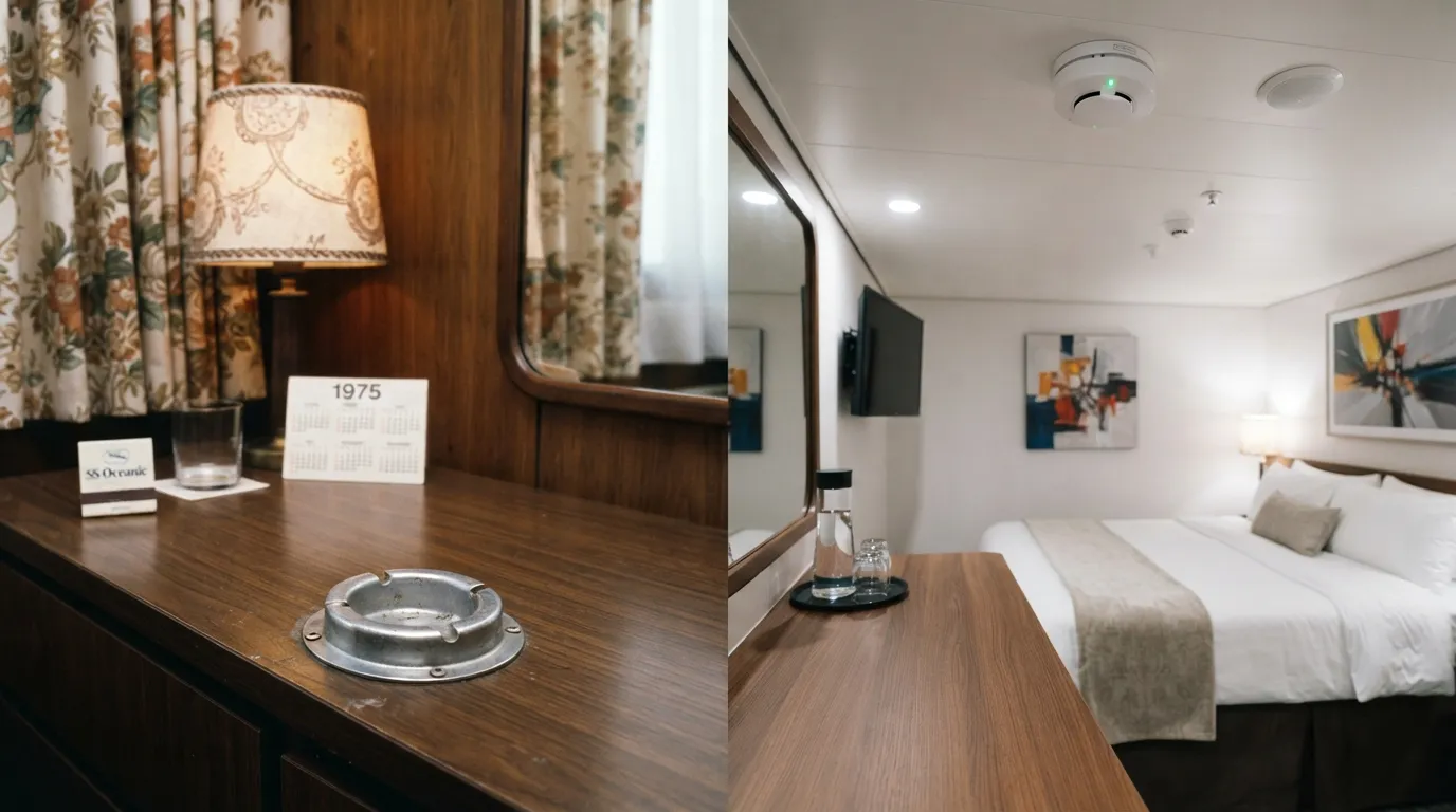 #4 - A 1975 bolted ashtray on the dresser beside a 2026 smoke detector on the ceiling (Image Credits: Gemini)