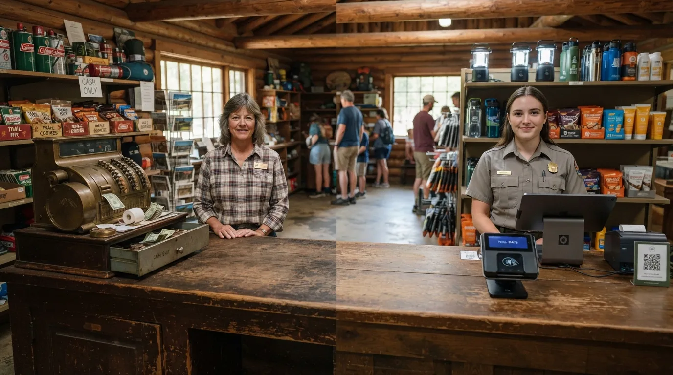 #5 - A 1980 wooden camp-store counter beside a 2026 counter with a card reader (Image Credits: Gemini)