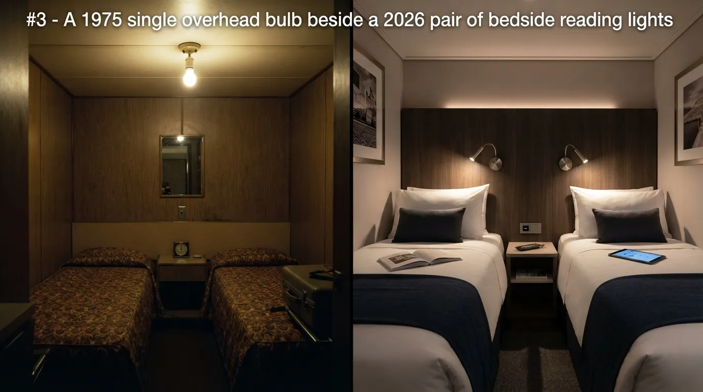 #3 - A 1975 single overhead bulb beside a 2026 pair of bedside reading lights (Image Credits: Gemini)