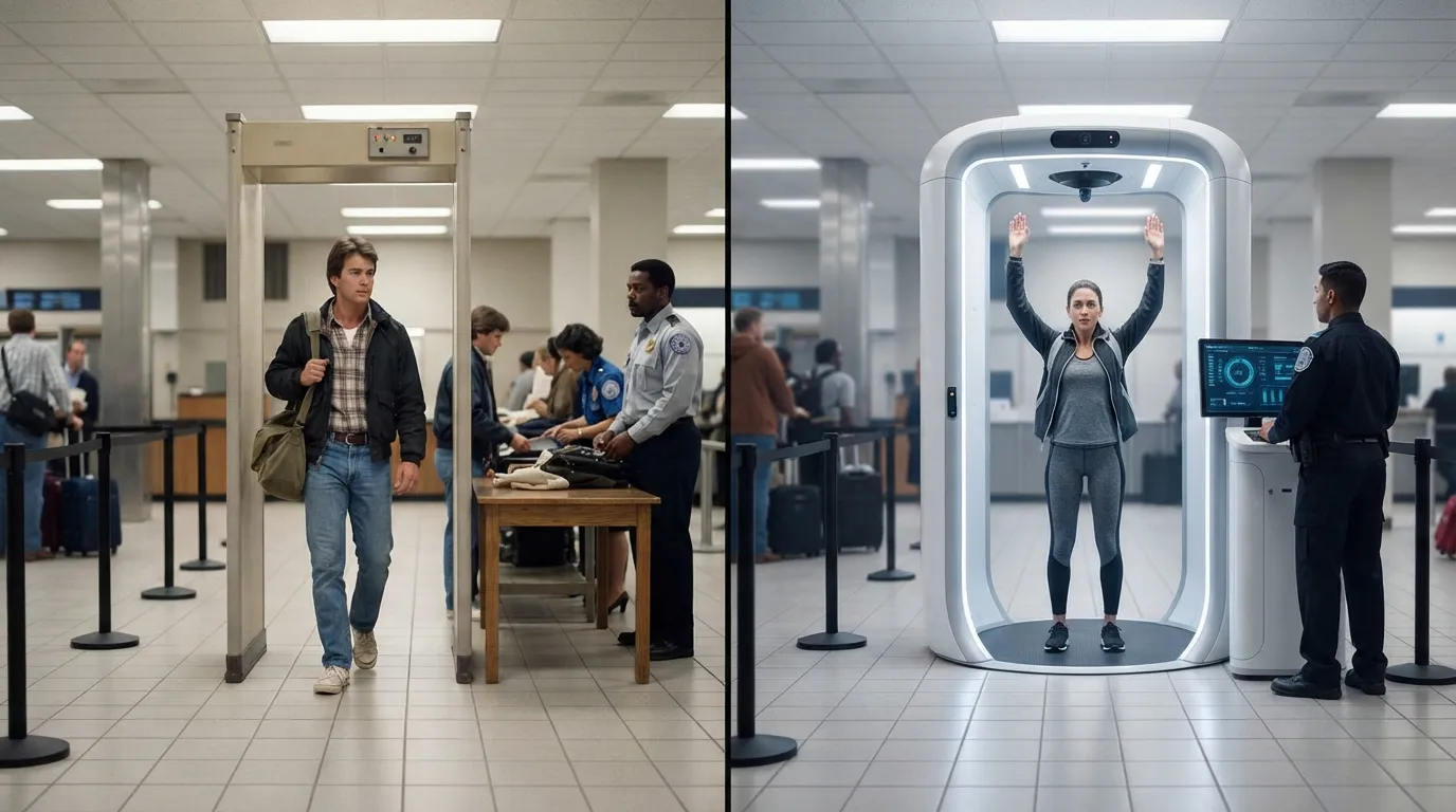#7 - A 1985 walk-through metal detector beside a 2026 body scanner with both arms raised (Image Credits: Gemini)