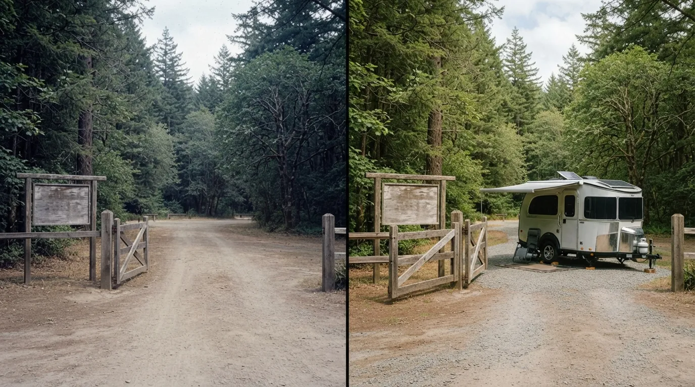 #3 - A 1970 campground entrance with no host beside a 2026 host trailer by the entrance (Image Credits: Gemini)