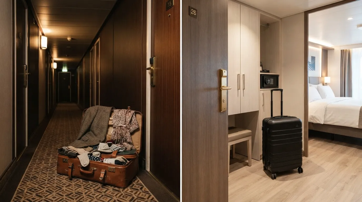 #2 - A 1975 suitcase left in the corridor beside a 2026 suitcase standing inside the cabin (Image Credits: Gemini)