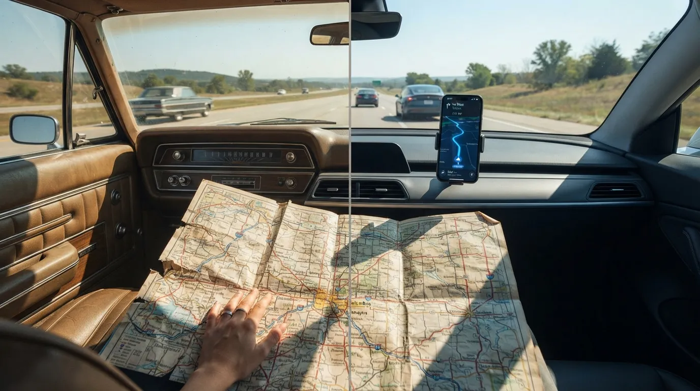 #15 - A 1970 folded gas-station map beside a 2026 phone mounted on the dash (Image Credits: Gemini)